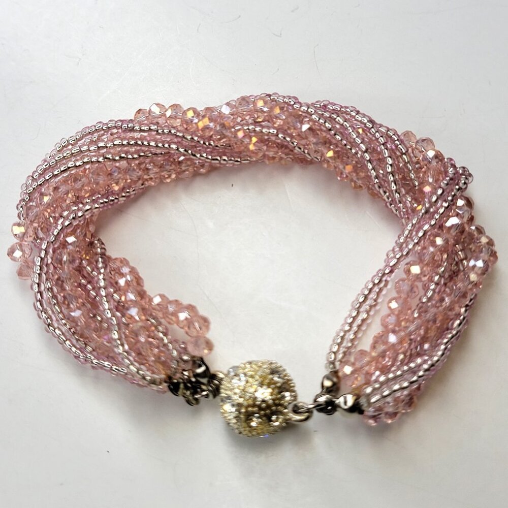 Pink Crystal Bracelet Braided Beads Half Moon Crystal Magnetic Clasp